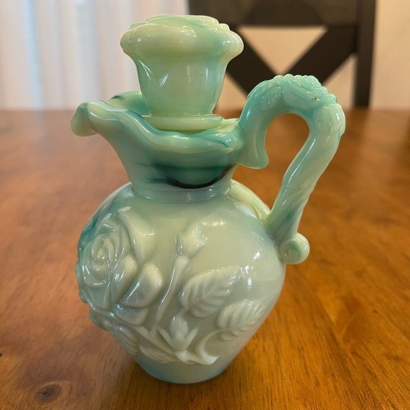 Vintage Jadeite Avon Moonwinf Perfume Bubble Bath Bottle & Powder Sachet Set - Picture 3 of 5